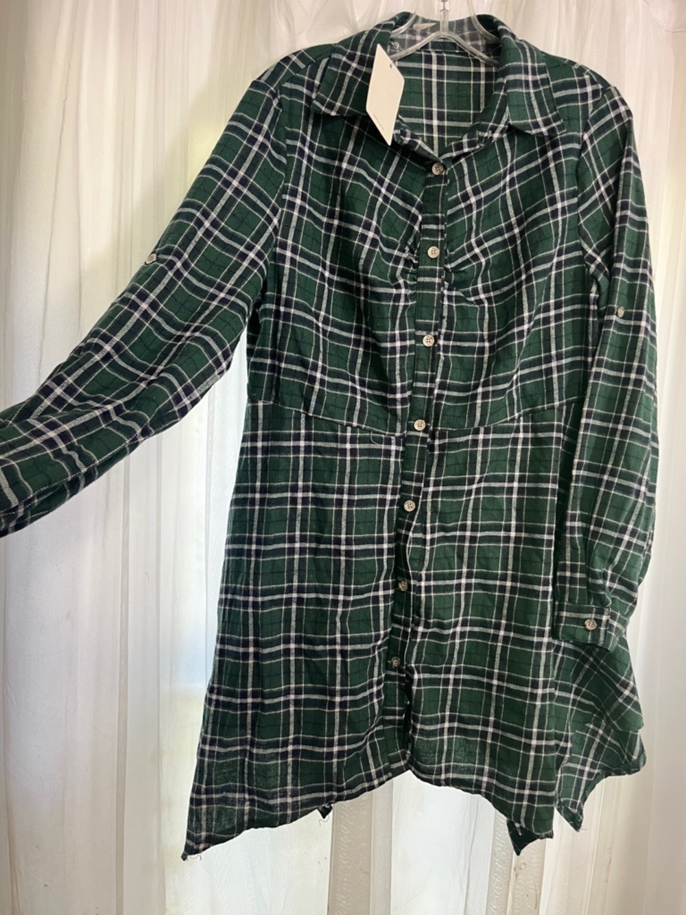Green Plaid Button-Front Shirt Dress tunic fairy hem women’s medium roll sleeves